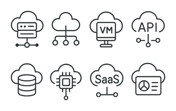 Cloud computing icons set: linear style for modern digital services representation