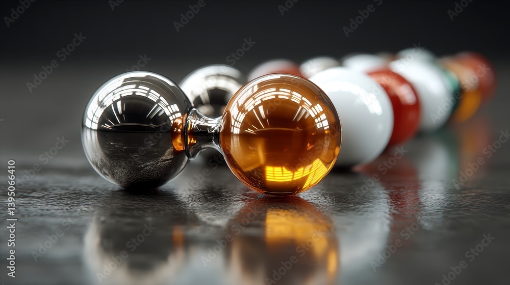 Poster abstract composition of shiny spheres in varying colors and metallic finishes, arranged in a row on 