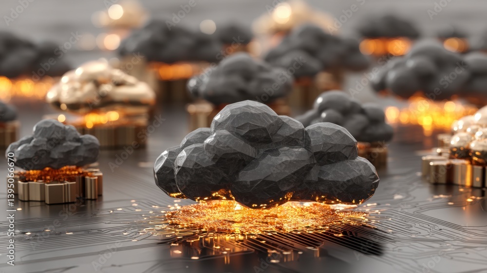 Poster abstract 3d rendering of dark gray and gold clouds above a circuit board, glowing orange sparks eman