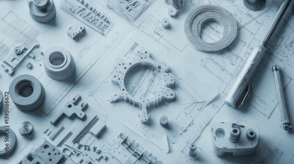 Poster neatly arranged technical drawing tools on top of bridge design plans with concrete core samples
