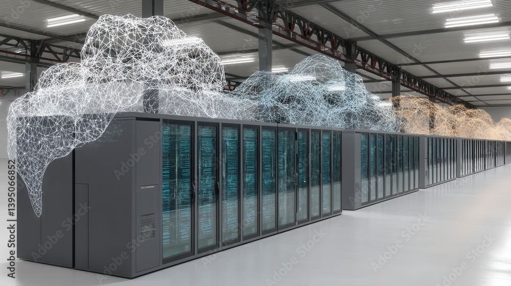 Poster abstract data visualization of a large server room with glowing network connections.