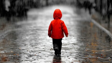 A child in a red raincoat walks alone on a rainy cobblestone street