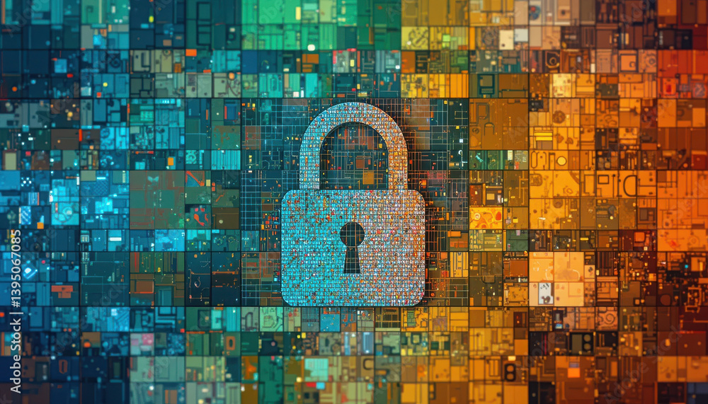 Poster a digital lock icon is centered among a vibrant mosaic of colors and patterns, symbolizing security 