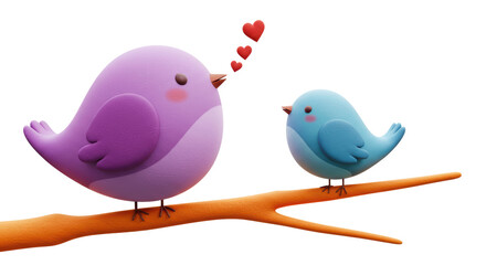 Isolated Birds in Love with Hearts on a Branch