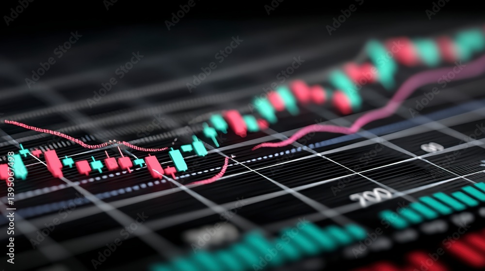 Poster abstract financial data visualization with pink and teal candlestick charts on a dark grid backgroun