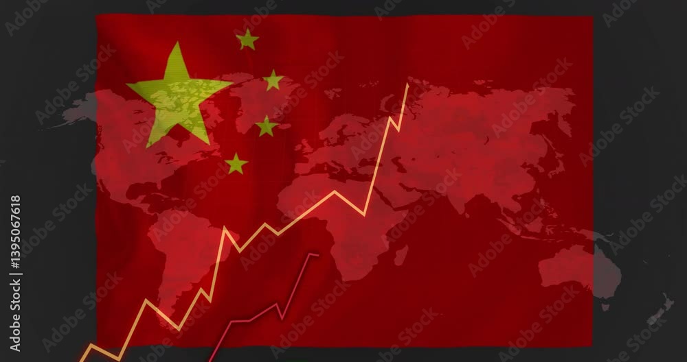 Poster Animation of financial graph lines rising over Chinese flag and world map