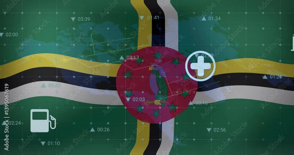 Poster animation of dominica flag with digital data and house icon over world map