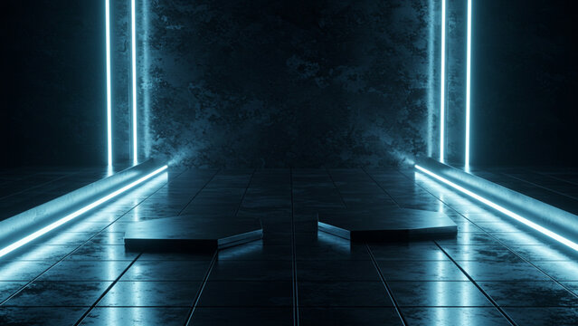 Featuring a sleek metal tile floor that gleams with reflections from LED strips, this 3D illustration presents a futuristic environment ideal for showcasing product technology within a scientific cont - Powered by Adobe