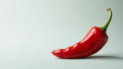 A vibrant red chili pepper rests gently on a pale background, its sleek curve and glossy surface catching the light, a simple yet striking image perfect for culinary or food-related projects.