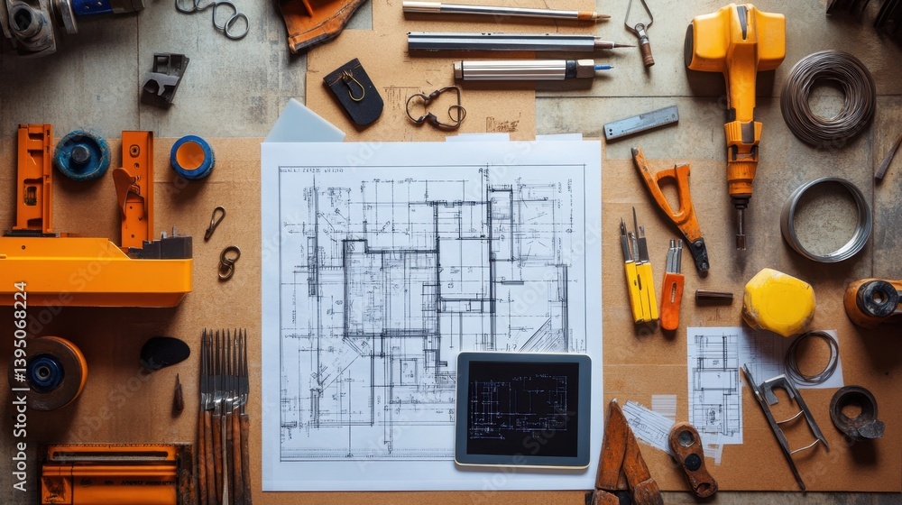 Poster overhead view of a workspace with civil engineering tools, blueprints, and digital tablet displaying
