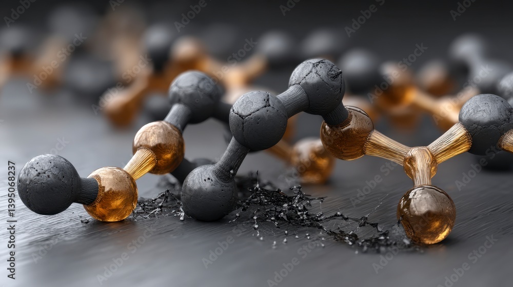 Poster abstract 3d rendering of dark gray and amber molecular structures on a dark surface, some appearing 