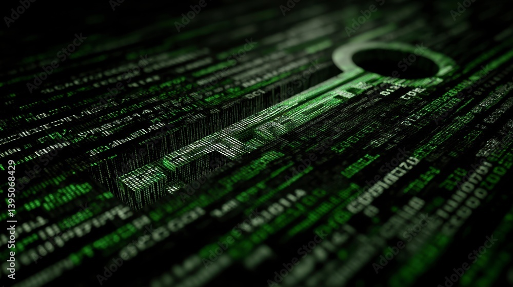 Poster abstract digital keyhole formed by green computer code. dark background, close up view.