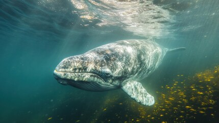 Naklejka premium A gentle gray whale swimming peacefully underwater, sunlight filtering through the surface, schools of small fish surrounding it. 