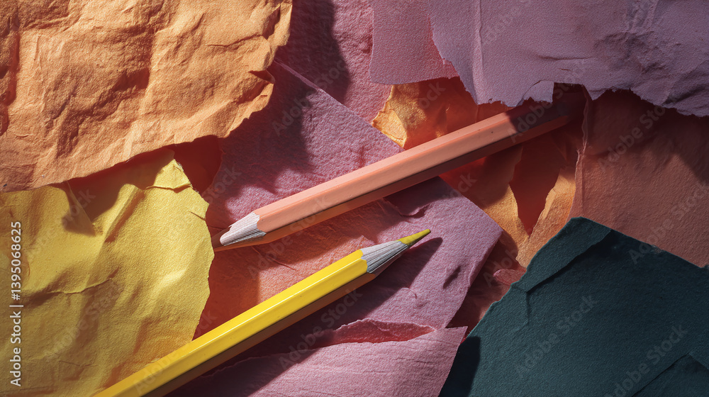 Poster two colored pencils rest on crumpled pastel paper sheets. image showcases texture and color contrast