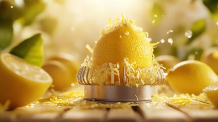 Fresh lemon zest being zested in a citrus juicer, sunny garden background