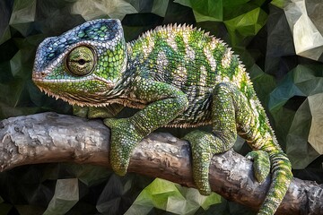 Obraz premium A beautifully rendered colorful chameleon perched upon a tree branch
