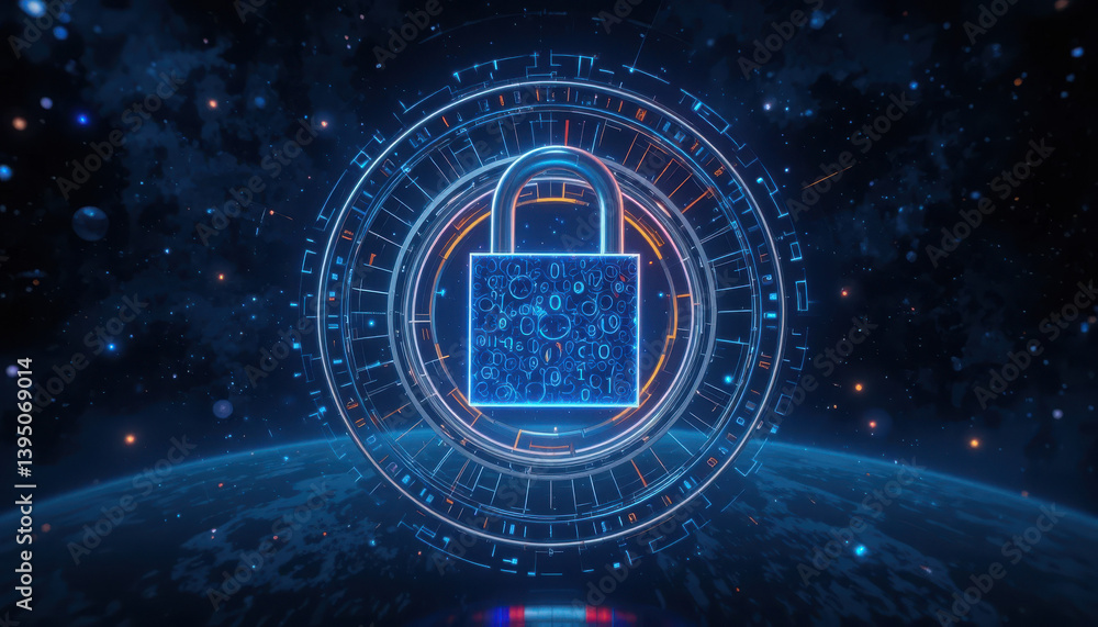 Poster a digital lock symbolizing cybersecurity within a cosmic backdrop, showcasing technology and data pr