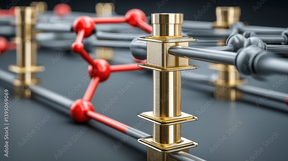Poster abstract 3d rendering of a complex system of interconnected metallic pipes and red spheres, with a f