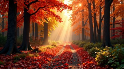 Fototapeta premium Autumnal Pathway Sunbeams Illuminate a Forest Road Covered in Vibrant Red and Gold Leaves