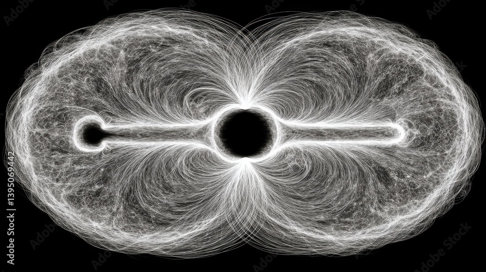 Poster abstract monochrome image featuring a central dark shape connected to two brighter, symmetrical, ova