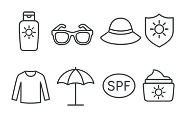 Essential sun protection icons set: sunglasses, sunscreen, umbrella, spf, and more