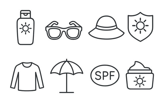 Essential sun protection icons set: sunglasses, sunscreen, umbrella, spf, and more