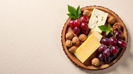 A delectable arrangement of cheese varieties, complemented by clusters of ripe red grapes and a scattering of walnuts, artfully presented on a rustic wooden platter.