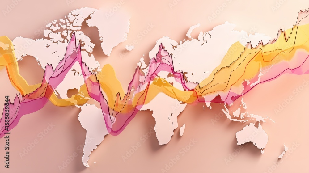 Poster abstract world map with flowing, translucent color gradients in pink and yellow on a beige backgroun