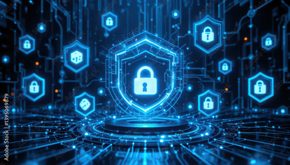 Poster a digital representation of cybersecurity, featuring a shield with a lock icon amidst glowing networ