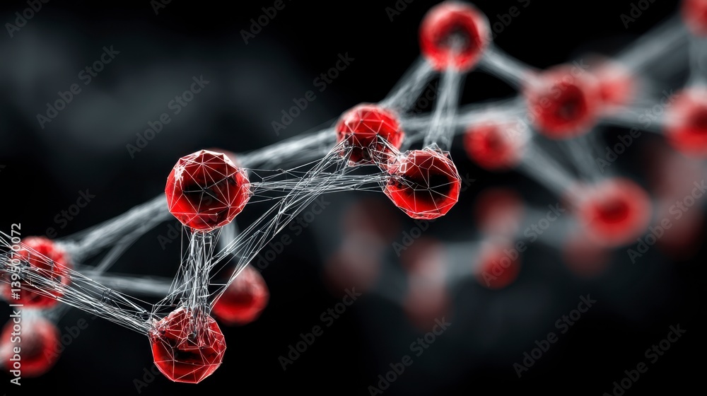 Poster abstract 3d rendering of red spheres connected by a glowing network against a dark background.
