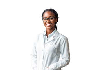 A smiling Black woman wearing a lab coat isolated on transparent background