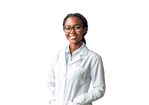 A smiling Black woman wearing a lab coat isolated on transparent background