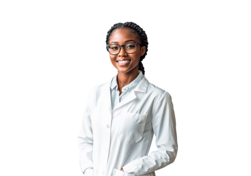 A smiling Black woman wearing a lab coat isolated on transparent background