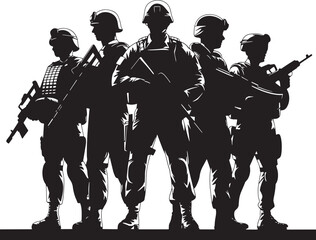 Silhouetted Soldiers Standing Together With Rifles Ready For Battle