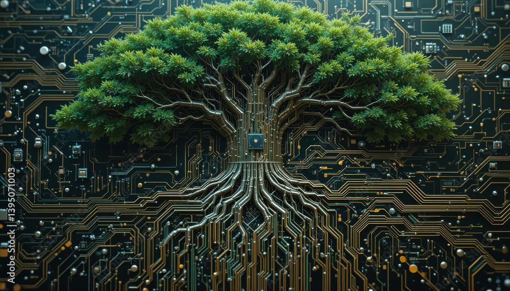 Poster a digital tree with lush foliage grows from intricate circuit board patterns, symbolizing the fusion