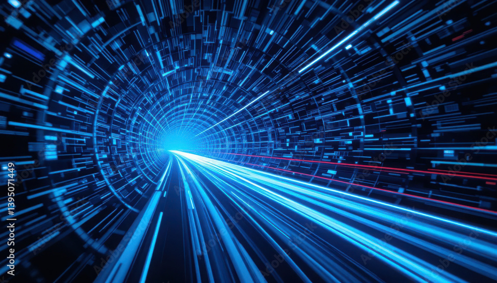 Poster a captivating digital tunnel of blue light and fast-moving patterns, symbolizing speed and technolog