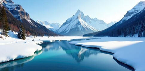 Frozen river landscape with snow capped mountain, nature, icy