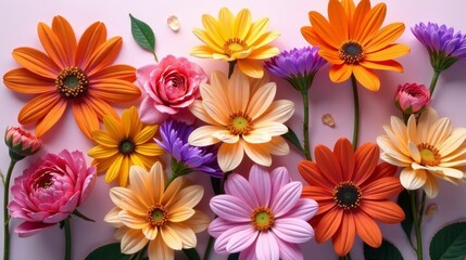 A vibrant arrangement of colorful blossoms, showcasing a delightful mix of daisy-like flowers and delicate roses, creating a cheerful and lively floral scene.