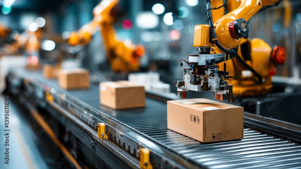 Poster automated robotic arm sorting packages on a conveyor belt in a warehouse. yellow industrial robots, 