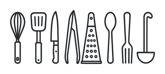 Essential kitchen tools icon set in linear style: whisk, knife, and more