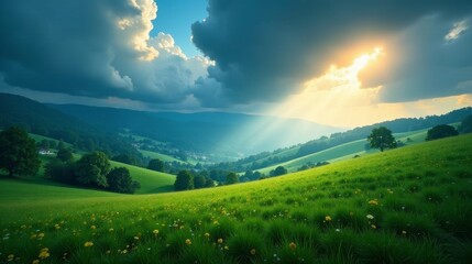 Serene Sunset over Rolling Green Hills and a Lush Meadow, Bathed in Golden Light