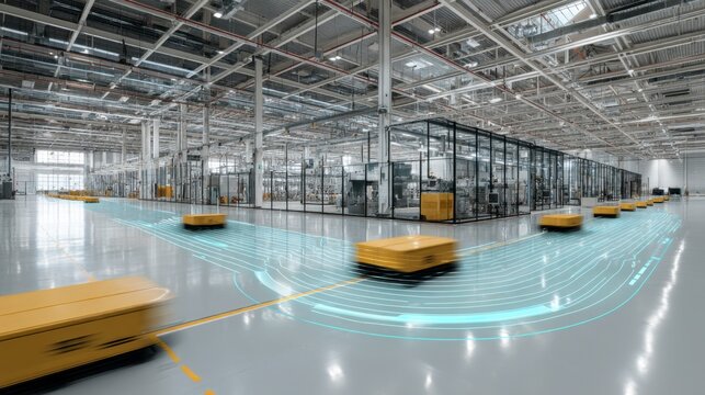 Automated guided vehicles navigate a large warehouse floor, showcasing efficient logistics and modern technology.