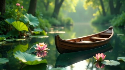 Serene wooden rowboat gently floats on a tranquil pond, surrounded by lush aquatic vegetation and delicate pink water lilies bathed in the soft glow of morning sunlight.