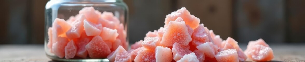 Glass mason jar filled with pink Himalayan salt crystals, minerals, jar