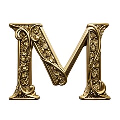 An ornate golden letter M, elegantly adorned with intricate floral carvings and vines, showcasing a regal and timeless design with a rich, three-dimensional texture.