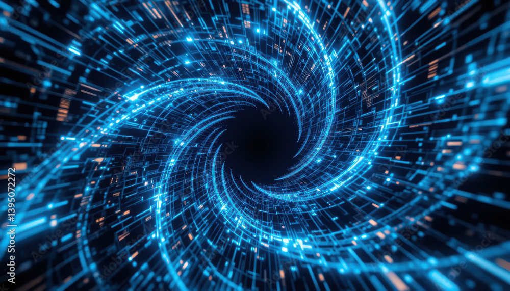 Poster a swirling, futuristic design featuring blue light and digital elements, creating a sense of depth a