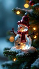Obraz premium Glass snowman on pine tree branch with twinkling lights, twinkling lights, wintery scene, decorations