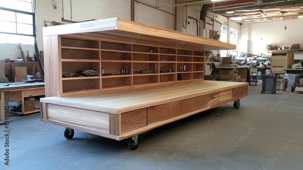 Poster rolling storage cart with mechanical tools and partially completed design prototype