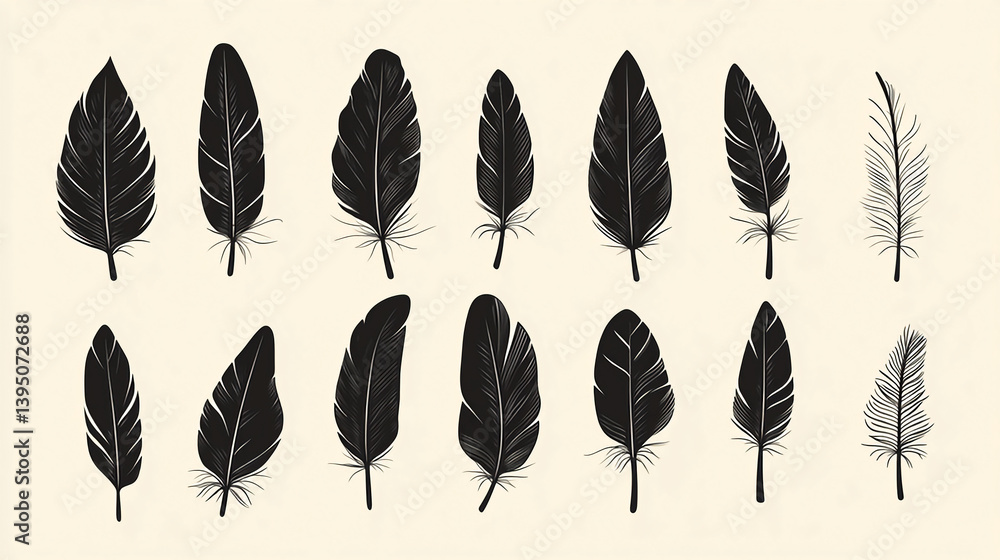 Poster black feather illustration set vector design for graphic and web design projects and art projects 10