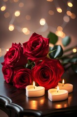 Valentine’s Day Setup with Glowing Candles and Elegant Roses Wallpaper Art


